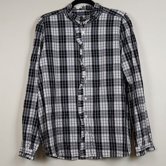LOFT Long Sleeve Button Down Ruffled Blouse Black and White Plaid - Picture 12 of 12